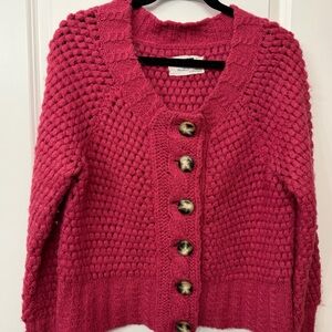 Anthropologie Leifsootir Pink Chunky HandKnit Button-Front Cardigan
